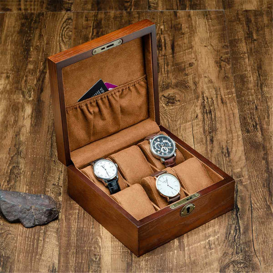 Brown Retro Wooden Watch and Jewelry Storage Box with Key - Leather Purse Backpack