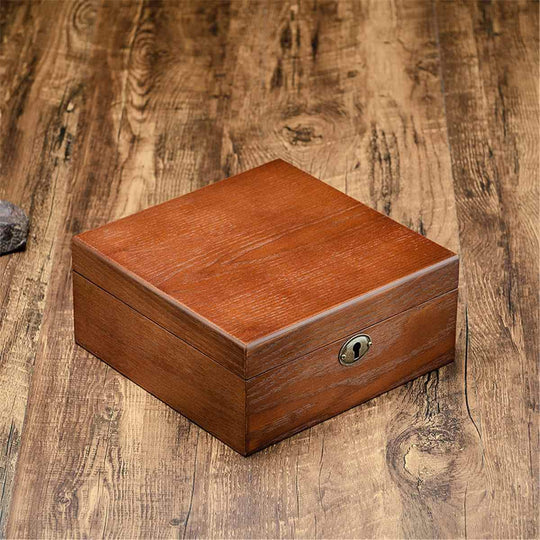 Brown Retro Wooden Watch and Jewelry Storage Box with Key - Leather Purse Backpack
