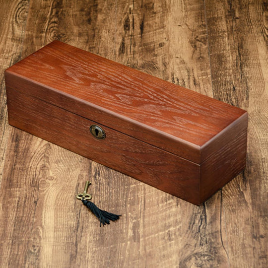 Brown Retro Wooden Watch and Jewelry Storage Box with Key - Leather Purse Backpack
