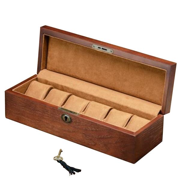 Brown Retro Wooden Watch and Jewelry Storage Box with Key - Leather Purse Backpack