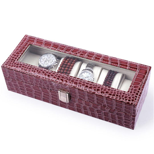Burgundy Striped Leather Watch and Jewelry Display Storage Box - Leather Purse Backpack