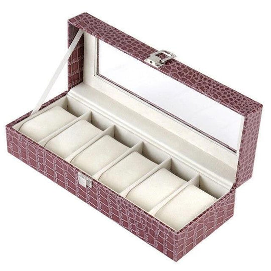 Burgundy Striped Leather Watch and Jewelry Display Storage Box - Leather Purse Backpack