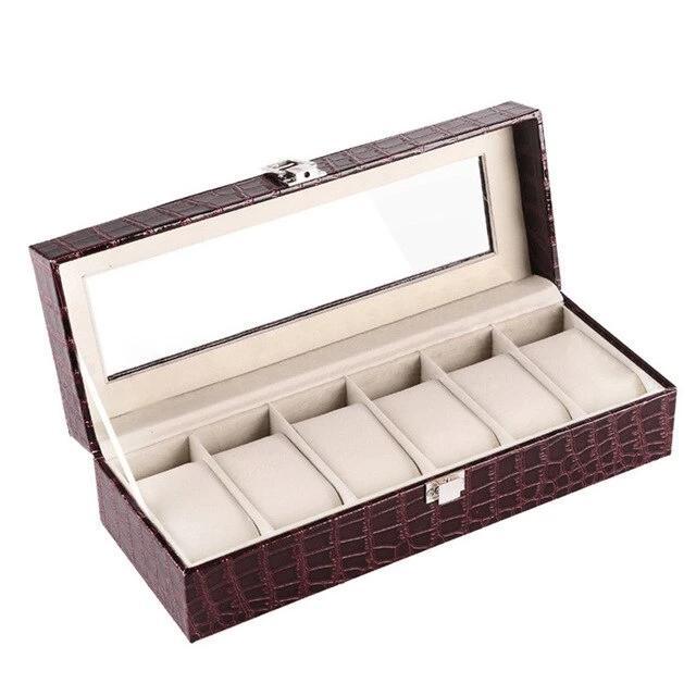 Burgundy Striped Leather Watch and Jewelry Display Storage Box - Leather Purse Backpack