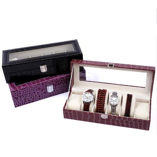 Burgundy Striped Leather Watch and Jewelry Display Storage Box - Leather Purse Backpack