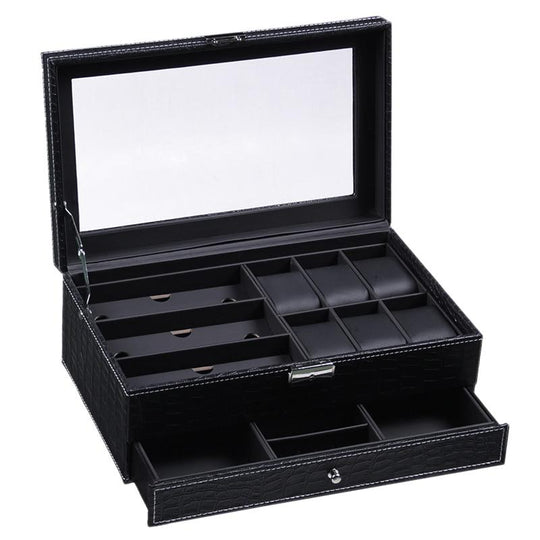Black Leather Watch and Jewelry Multi-Functional Storage Box - Leather Purse Backpack