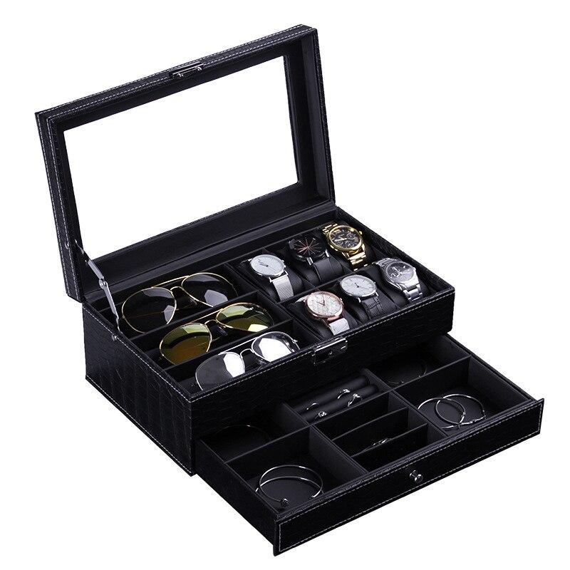 Black Leather Watch and Jewelry Multi-Functional Storage Box - Leather Purse Backpack