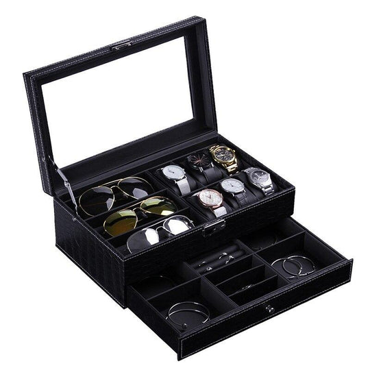 Black Leather Watch and Jewelry Multi-Functional Storage Box - Leather Purse Backpack