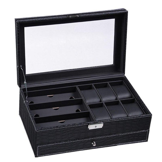 Black Leather Watch and Jewelry Multi-Functional Storage Box - Leather Purse Backpack