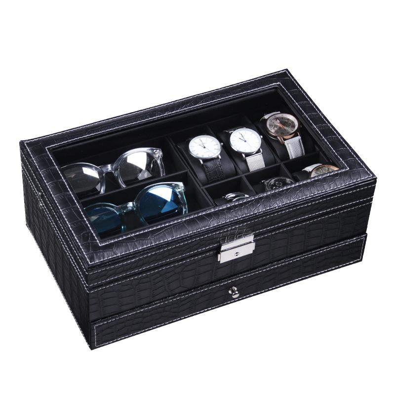 Black Leather Watch and Jewelry Multi-Functional Storage Box - Leather Purse Backpack