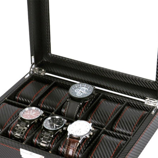 Black Leather 10 Grids Wristwatch Storage Box for Men - Leather Purse Backpack