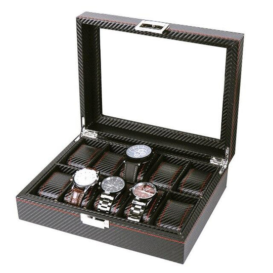 Black Leather 10 Grids Wristwatch Storage Box for Men - Leather Purse Backpack