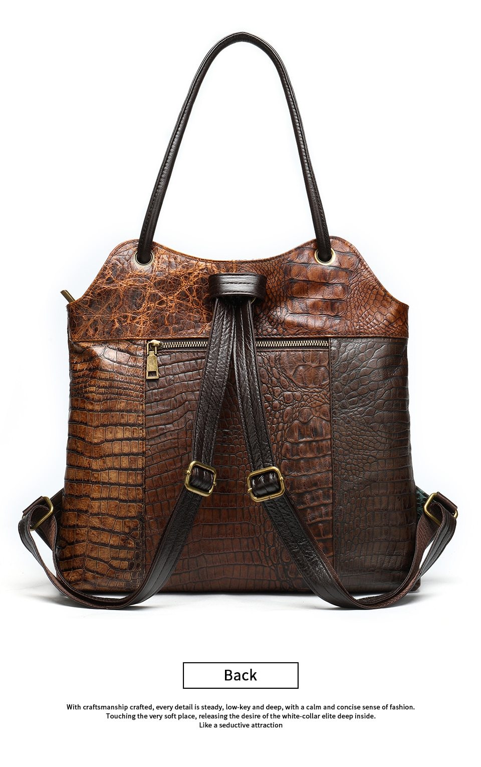 Women's school backpack with floral embossed designs on leather patchwork pattern