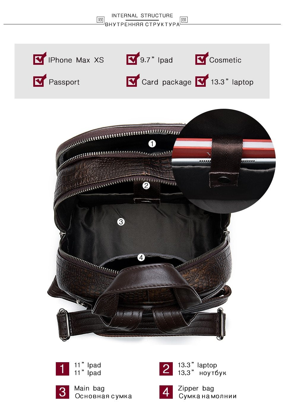 Colorful leather hiking backpack with embossed patterns on patchwork design