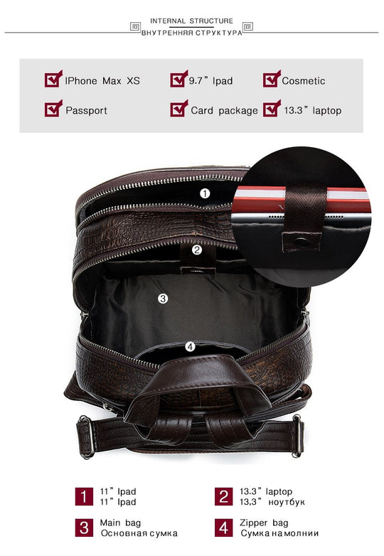 Colorful leather hiking backpack with embossed patterns on patchwork design