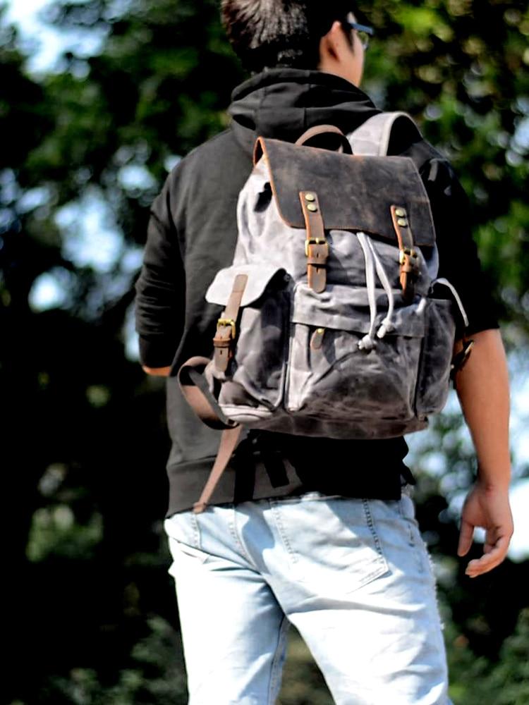 Waterproof waxed canvas leather daypack with massive 76L capacity