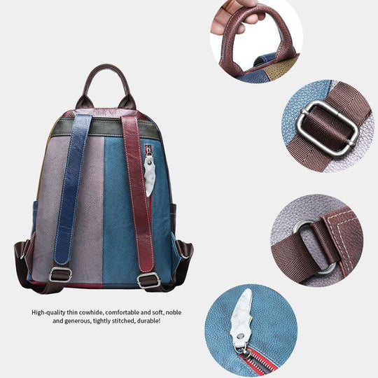 Vintage genuine leather backpack with a large colorful pattern in green, yellow, blue, and red