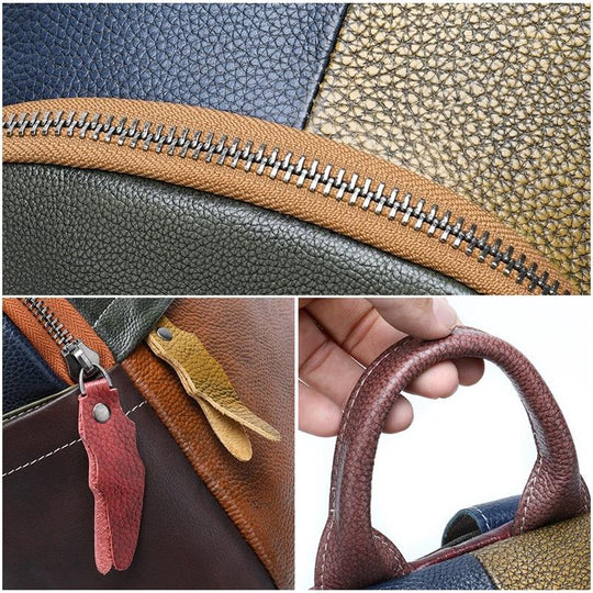 Retro style genuine leather backpack with a colorful pattern in green, yellow, blue, and red