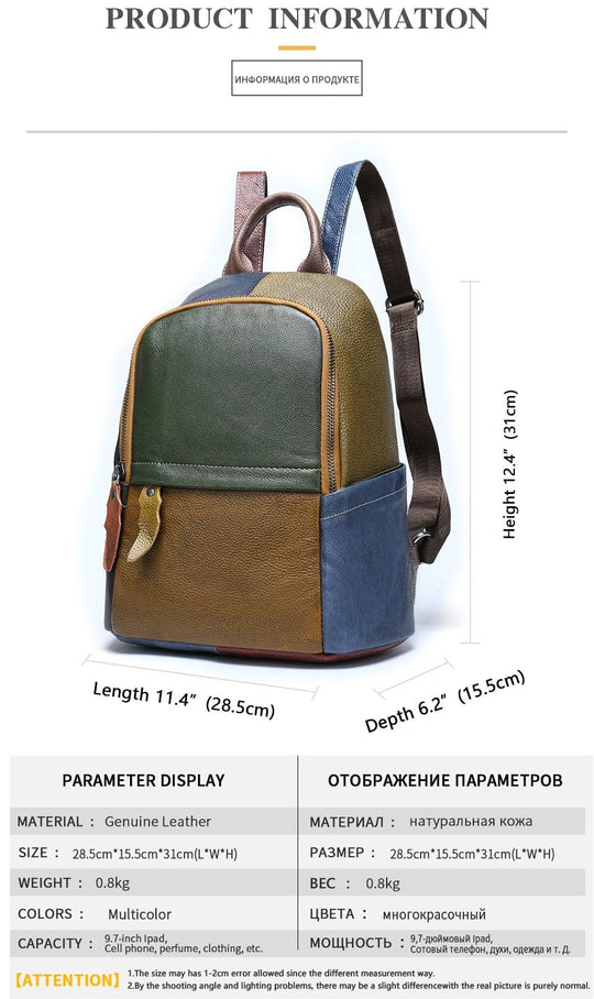 Genuine leather daypack with a large colorful pattern in green, yellow, blue, and red