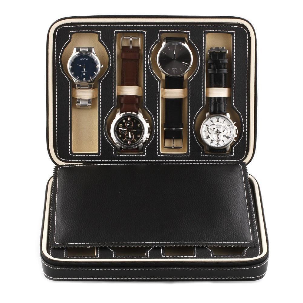 Black Leather Watch and Jewelry Zippered Display Storage Box - Leather Purse Backpack