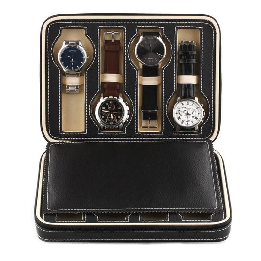 Black Leather Watch and Jewelry Zippered Display Storage Box - Leather Purse Backpack