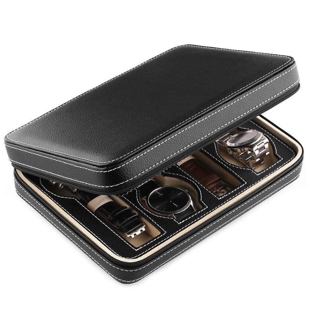 Black Leather Watch and Jewelry Zippered Display Storage Box - Leather Purse Backpack