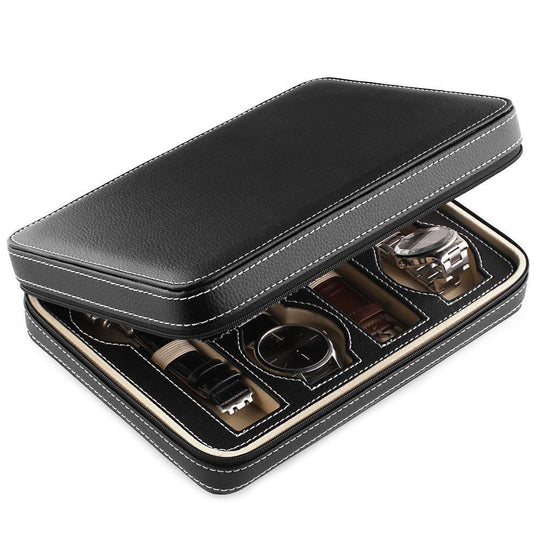 Black Leather Watch and Jewelry Zippered Display Storage Box - Leather Purse Backpack