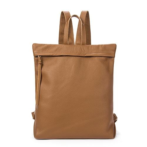 Men's genuine leather school backpack with a straightforward design in black, apricot, and brown