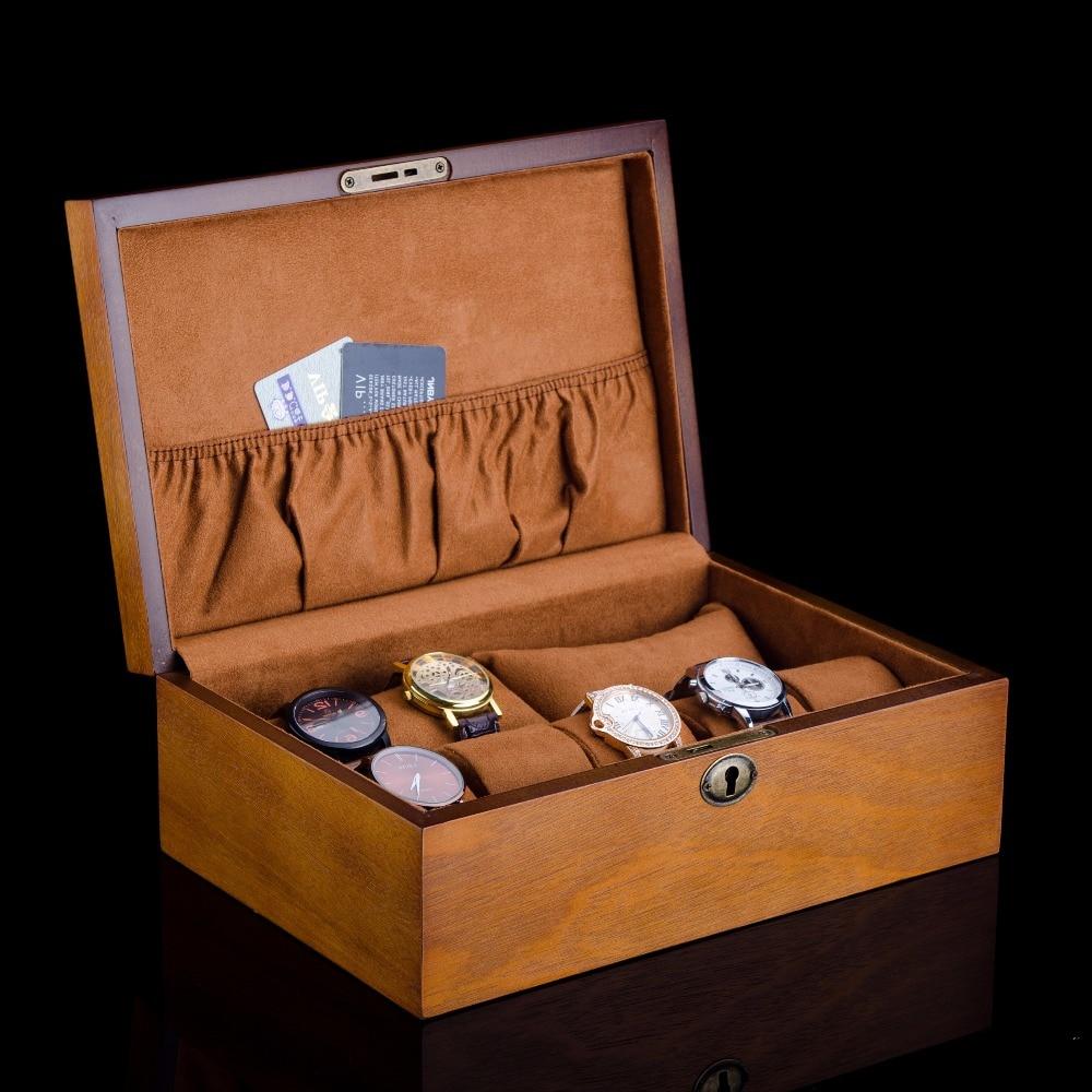 Brown European Wood Watch Storage Box With Lock - Leather Purse Backpack