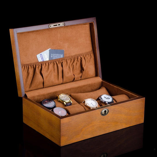 Brown European Wood Watch Storage Box With Lock - Leather Purse Backpack