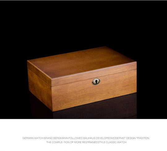 Brown European Wood Watch Storage Box With Lock - Leather Purse Backpack