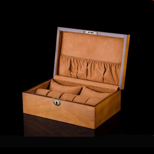Brown European Wood Watch Storage Box With Lock - Leather Purse Backpack