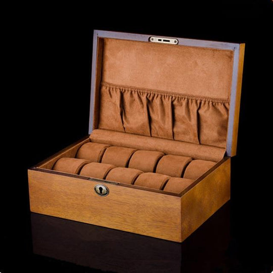 Brown European Wood Watch Storage Box With Lock - Leather Purse Backpack
