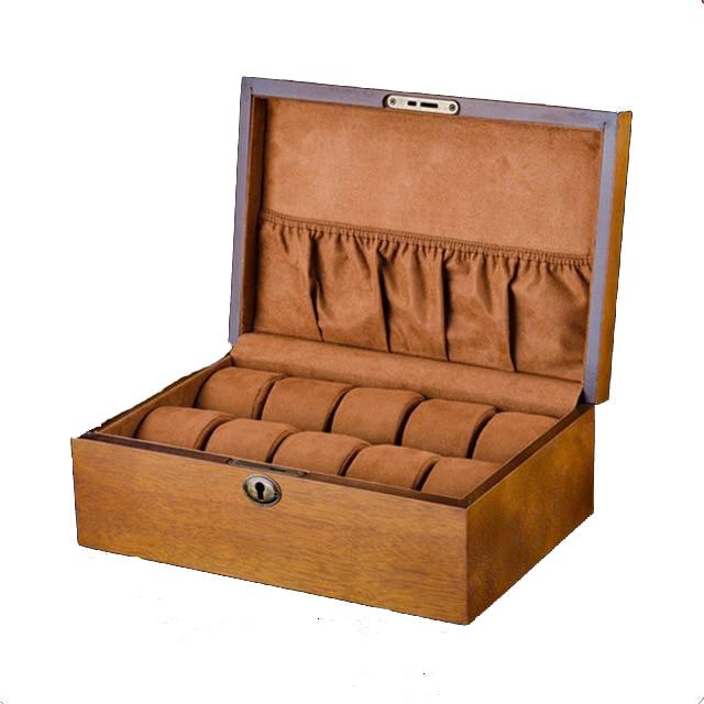 Brown European Wood Watch Storage Box With Lock - Leather Purse Backpack
