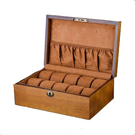 Brown European Wood Watch Storage Box With Lock - Leather Purse Backpack