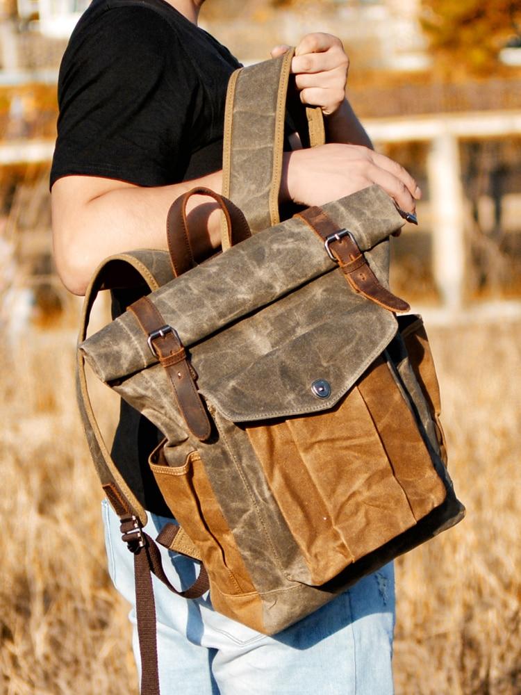 Vintage oil-waxed canvas and leather trekking backpack with waterproofing