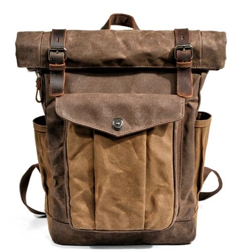 Oil-waxed vintage canvas and leather waterproof hiking backpack