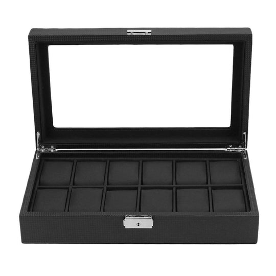 Black Carbon Fiber Watch and Jewelry Storage Box Organizer - Leather Purse Backpack