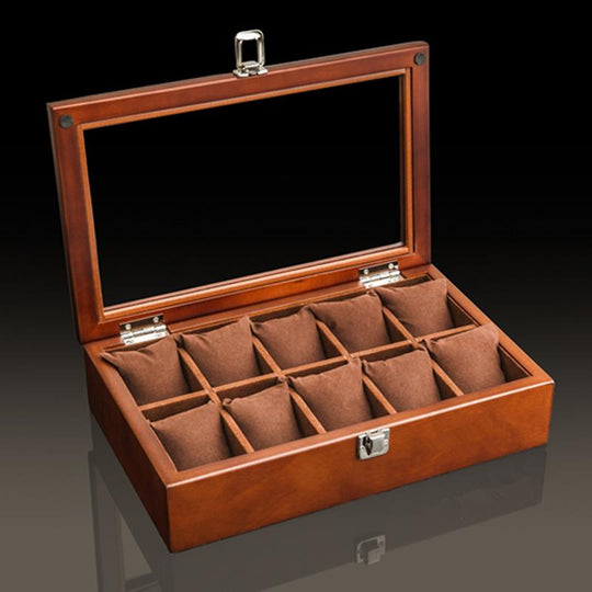 Brown Beech Wood Watch Display Box Organizer with 5, 8, 10 and 12 Slots - Leather Purse Backpack