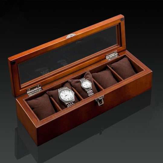 Brown Beech Wood Watch Display Box Organizer with 5, 8, 10 and 12 Slots - Leather Purse Backpack