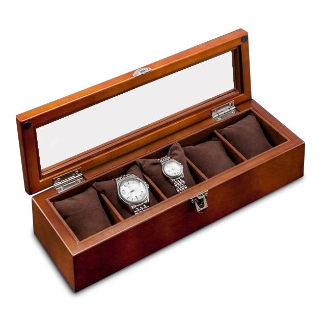 Brown Beech Wood Watch Display Box Organizer with 5, 8, 10 and 12 Slots - Leather Purse Backpack