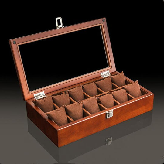 Brown Beech Wood Watch Display Box Organizer with 5, 8, 10 and 12 Slots - Leather Purse Backpack