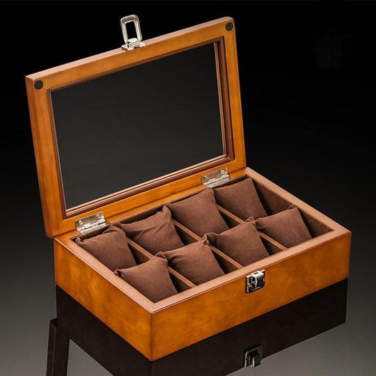 Brown Beech Wood Watch Display Box Organizer with 5, 8, 10 and 12 Slots - Leather Purse Backpack