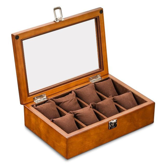 Brown Beech Wood Watch Display Box Organizer with 5, 8, 10 and 12 Slots - Leather Purse Backpack