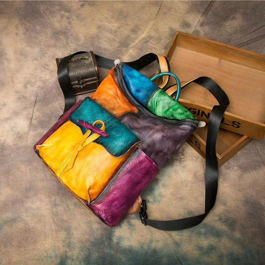 Cowhide leather backpack with colorful patchwork pattern