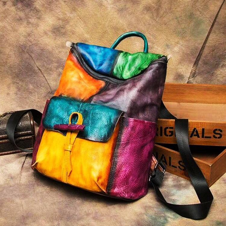 Men's multi-color cowhide leather backpack with patchwork design