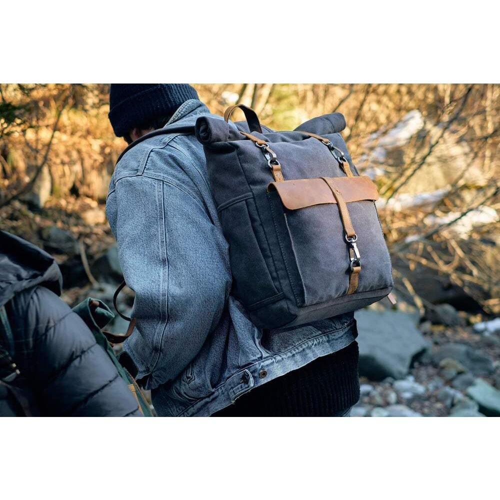 Vintage Retro Canvas Rucksack with Adjustable Straps - Leather Purse Backpack