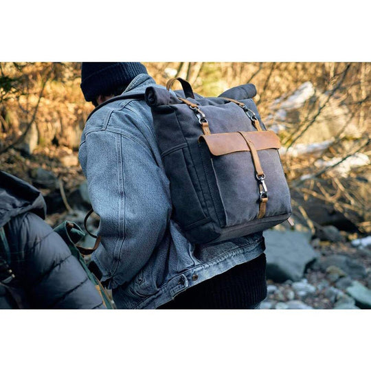 Vintage Retro Canvas Rucksack with Adjustable Straps - Leather Purse Backpack