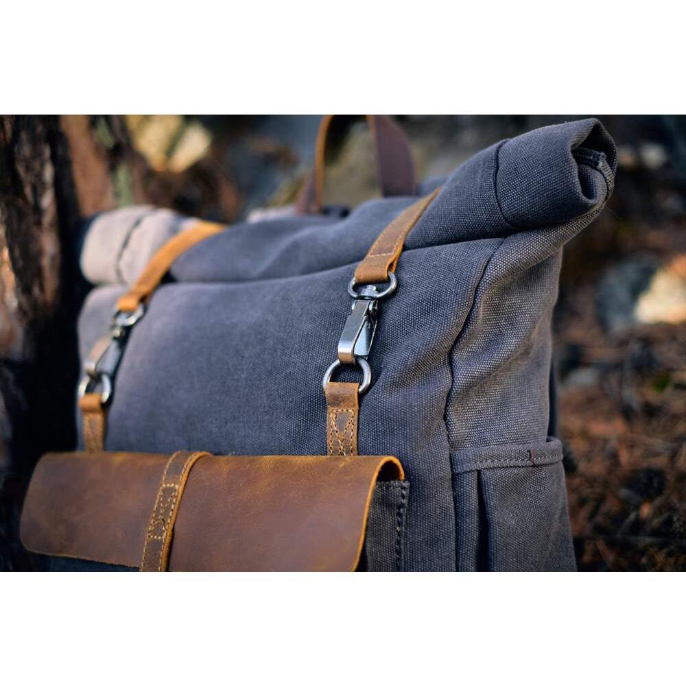 Vintage Retro Canvas Rucksack with Adjustable Straps - Leather Purse Backpack