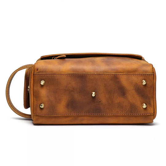Stylish and durable brown leather travel toiletry bag