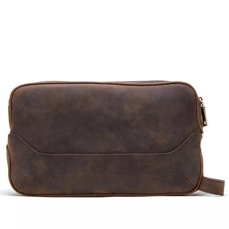 Men's grooming kit bag in Crazy Horse leather with double zip compartments
